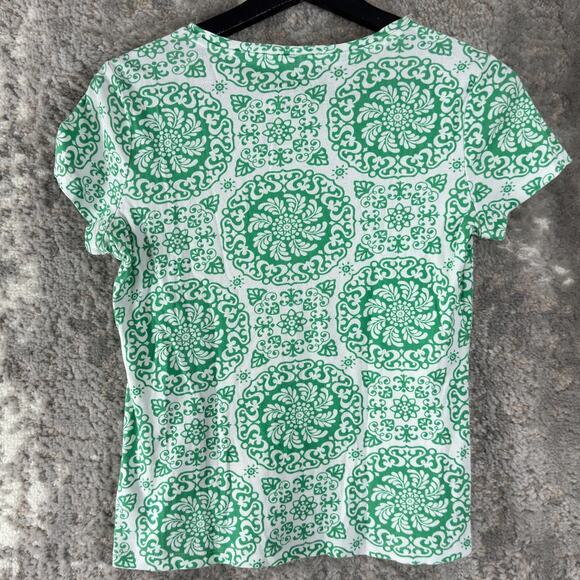 Talbots Petite Sz P Pima Cotton Geometric Top Green Short Sleeve Pullover Casual - Picture 3 of 7